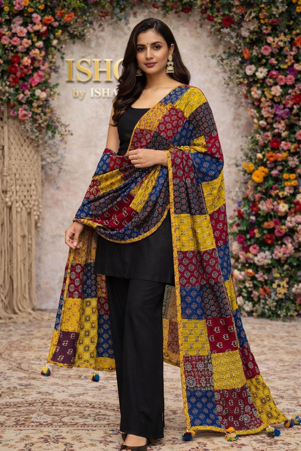 Handcrafted Cotton Ajrak Patchwork Dupatta | Ethnic Dupatta with Hand Block Motifs | Boho Indian Dupatta | Ishq by Isha