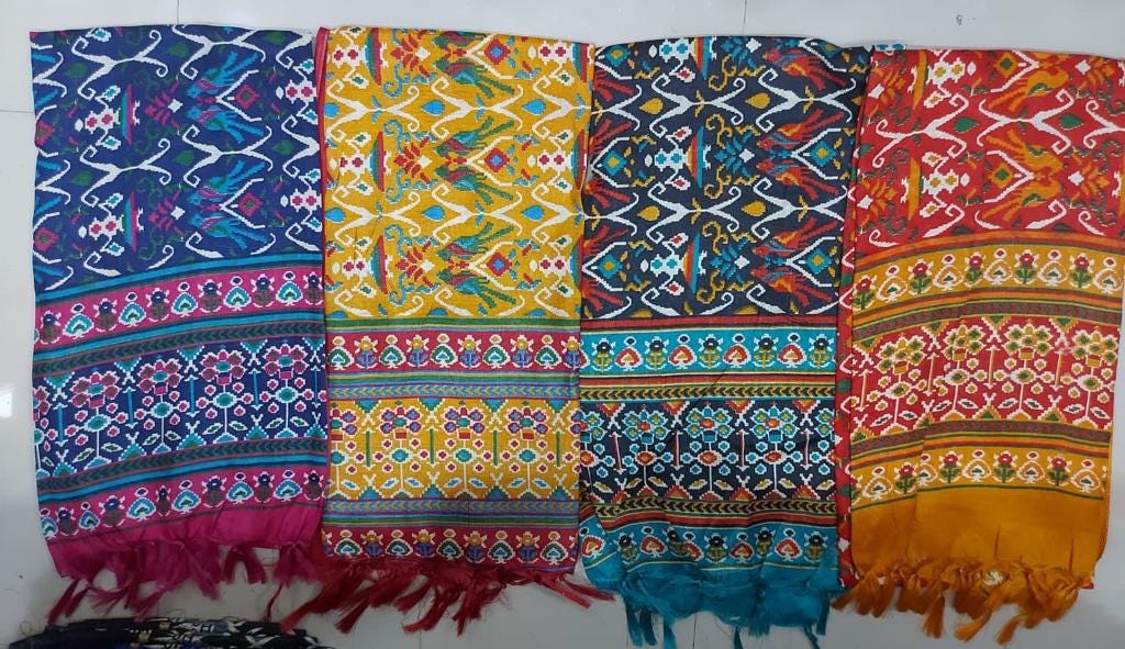 Colorful Indian Chinnon Dupatta | Boho Ethnic Scarf | Ikat Inspired Pattern Dupatta with Tassels | Festival Dupatta | Ishq by Isha