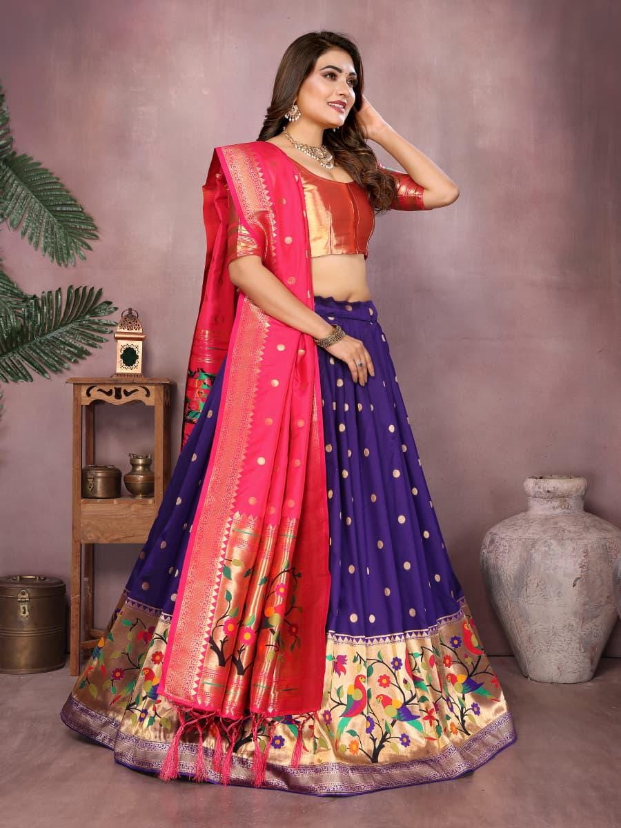 Jacquard paithani silk lehenga with zari weaving work | Indian Wedding Outfit, Mehendi Sangeet Dress