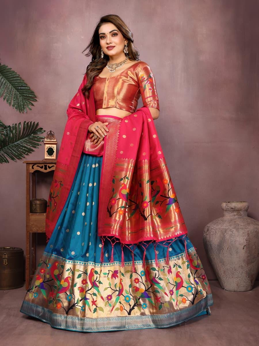 Jacquard paithani silk lehenga with zari weaving work | Indian Wedding Outfit, Mehendi Sangeet Dress
