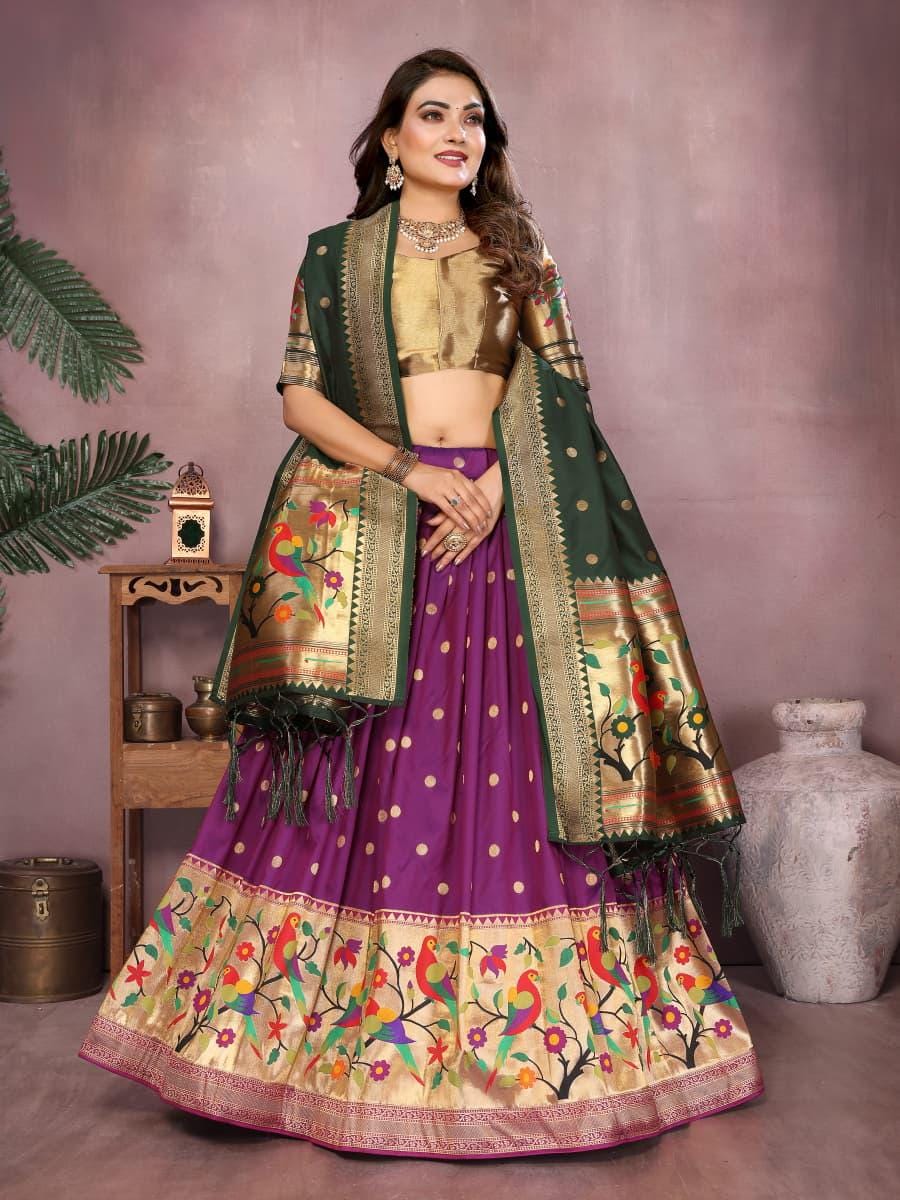 Jacquard paithani silk lehenga with zari weaving work | Indian Wedding Outfit, Mehendi Sangeet Dress