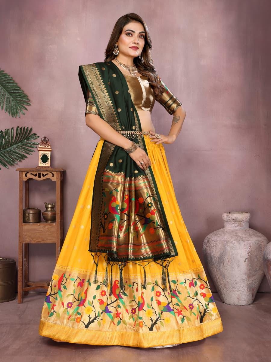Jacquard paithani silk lehenga with zari weaving work | Indian Wedding Outfit, Mehendi Sangeet Dress