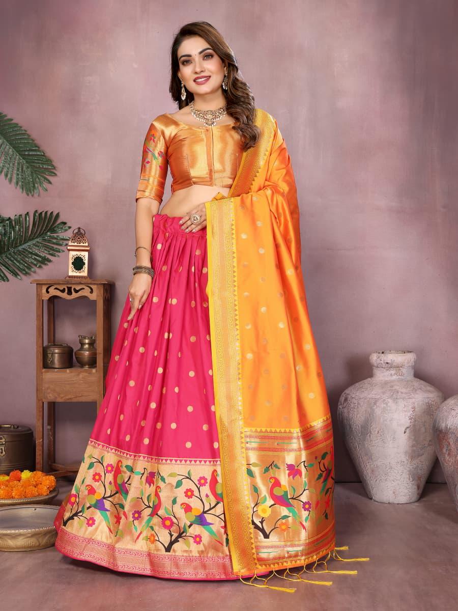 Jacquard paithani silk lehenga with zari weaving work | Indian Wedding Outfit, Mehendi Sangeet Dress