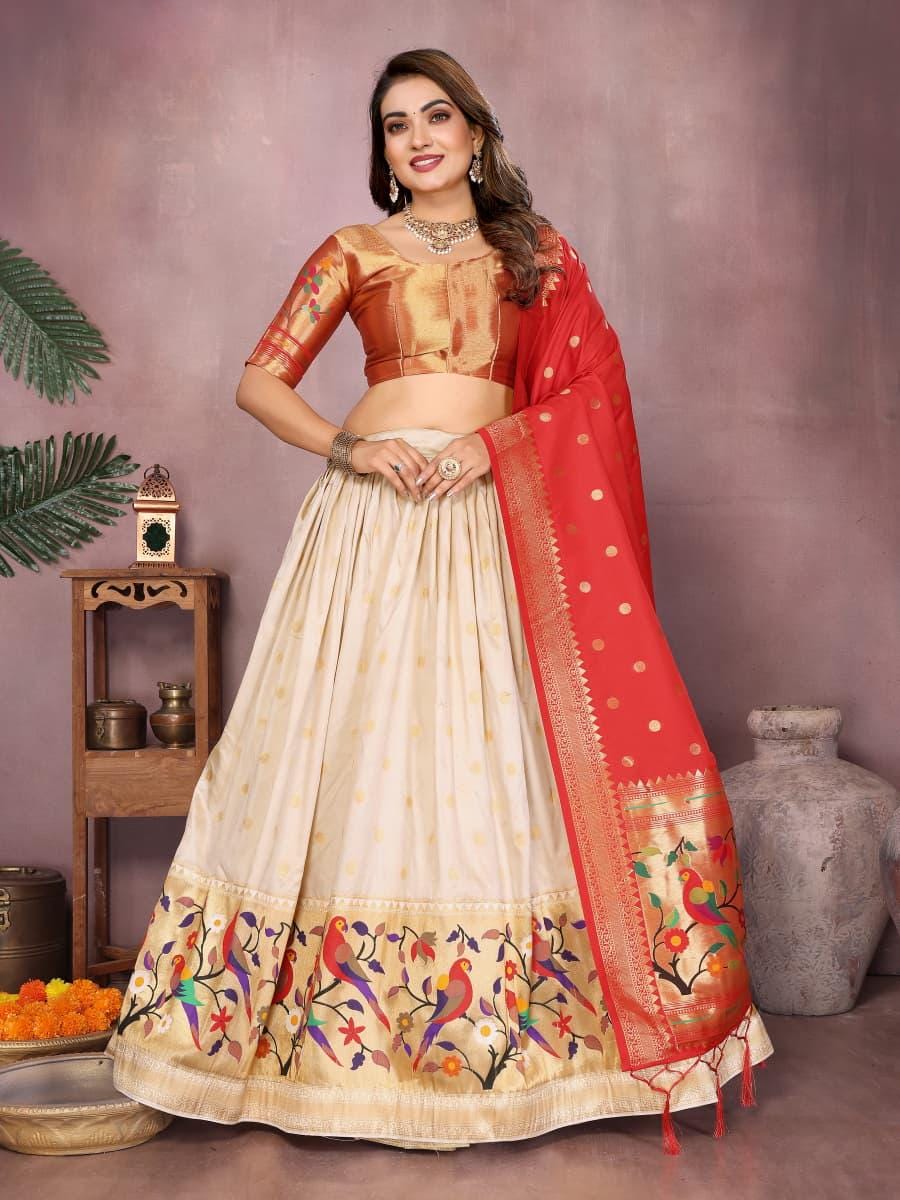 Jacquard paithani silk lehenga with zari weaving work | Indian Wedding Outfit, Mehendi Sangeet Dress
