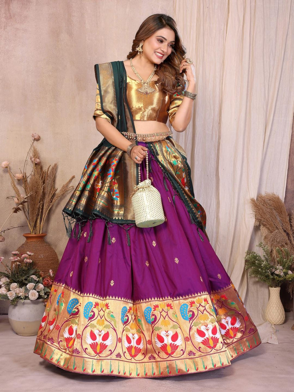 Jacquard paithani silk lehenga with zari weaving work | Indian Wedding Outfit, Mehendi Sangeet Dress
