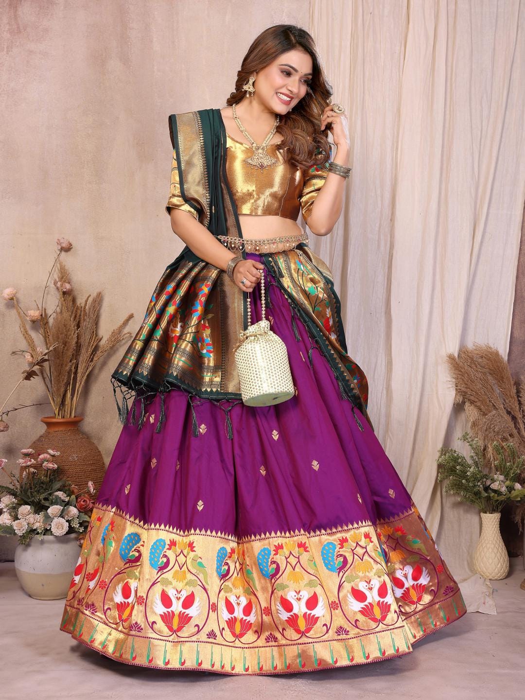 Jacquard paithani silk lehenga with zari weaving work | Indian Wedding Outfit, Mehendi Sangeet Dress