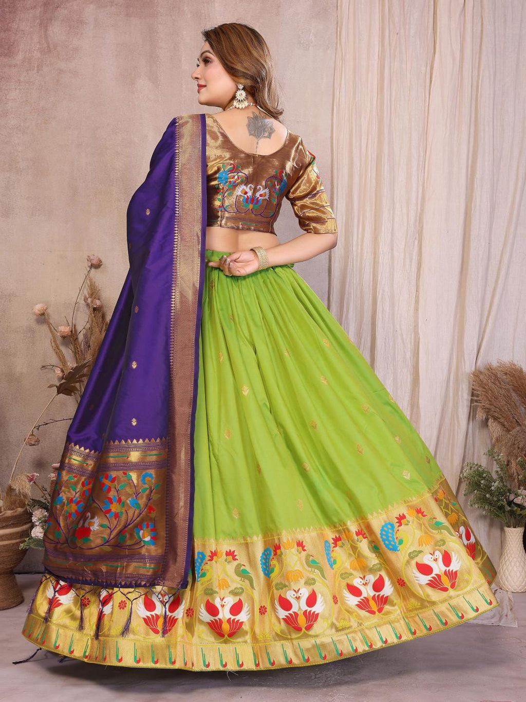 Jacquard paithani silk lehenga with zari weaving work | Indian Wedding Outfit, Mehendi Sangeet Dress