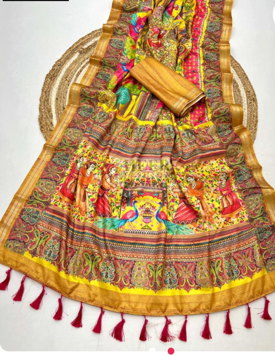 Yellow colour monga silk saree with kalamkari printed work and zari border
