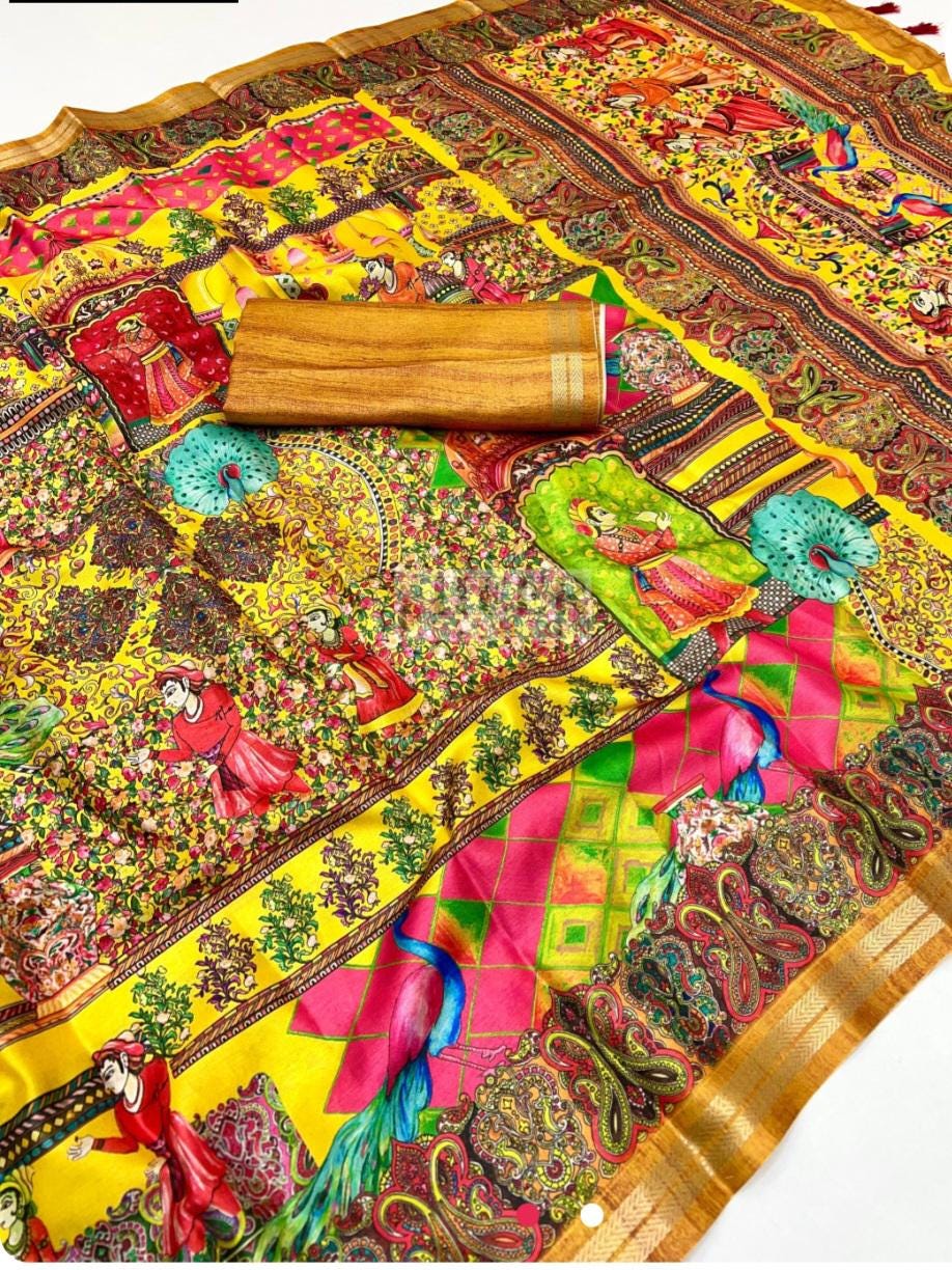 Yellow colour monga silk saree with kalamkari printed work and zari border