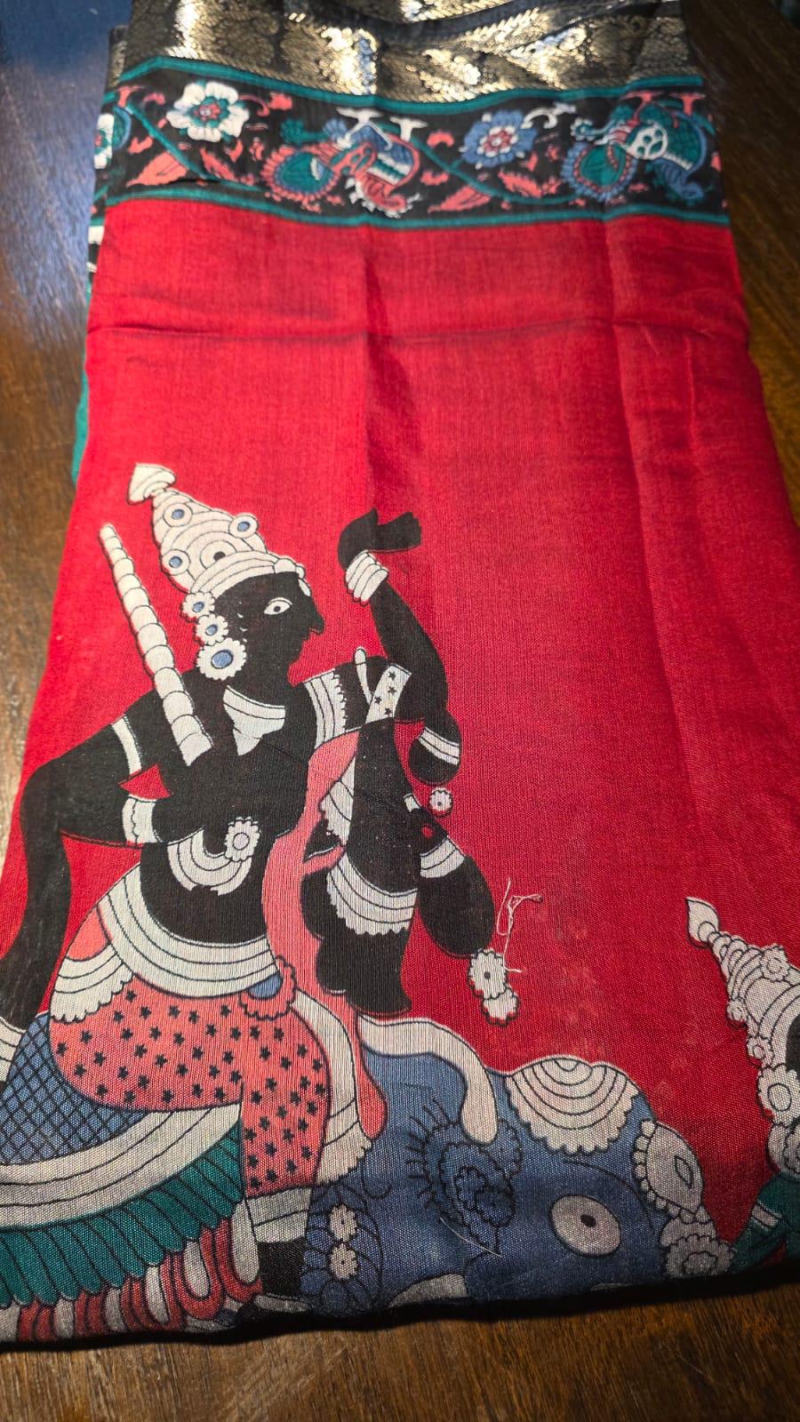 Kalamkari Inspired Cotton Saree with Zari Border and Tassels – Ethnic Indian Wear