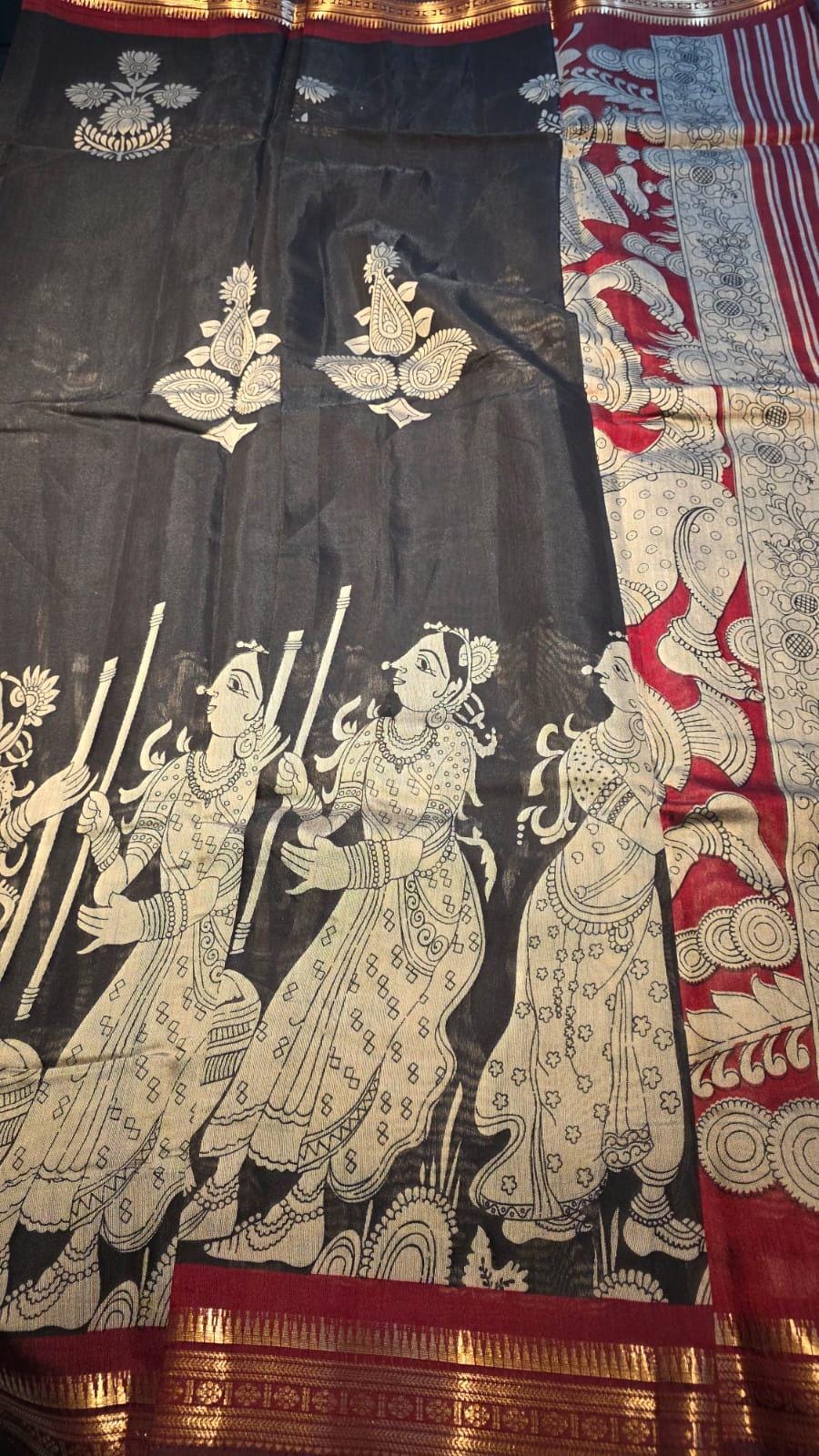 Kalamkari Inspired Cotton Saree with Zari Border, Ethnic Indian Saree, Running Blouse