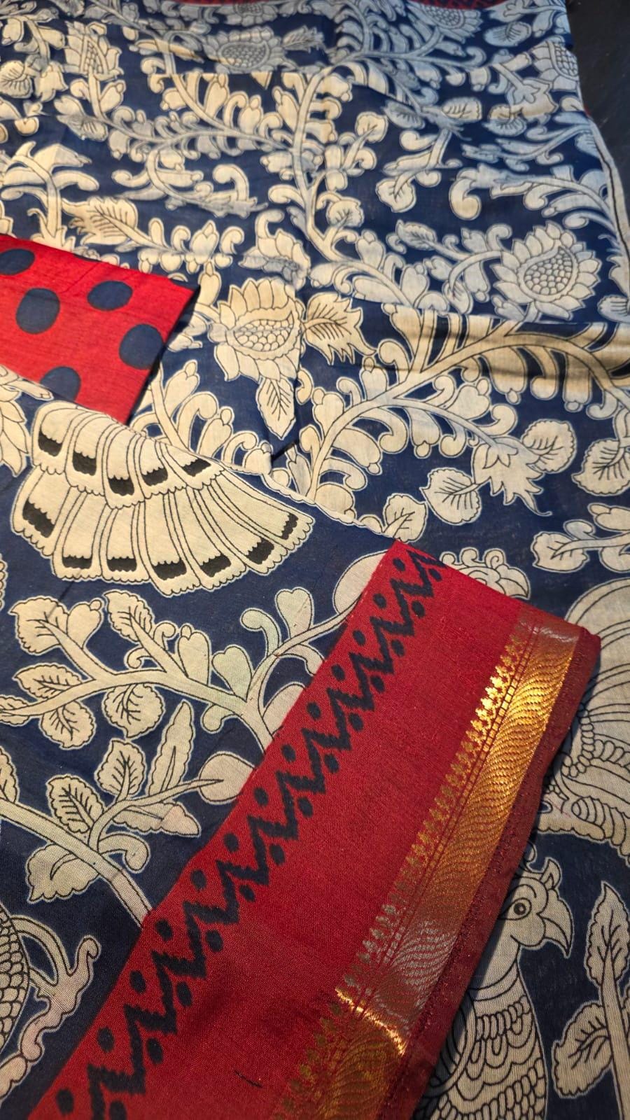 Kalamkari Inspired Cotton Saree with Zari Border, Running Blouse Piece