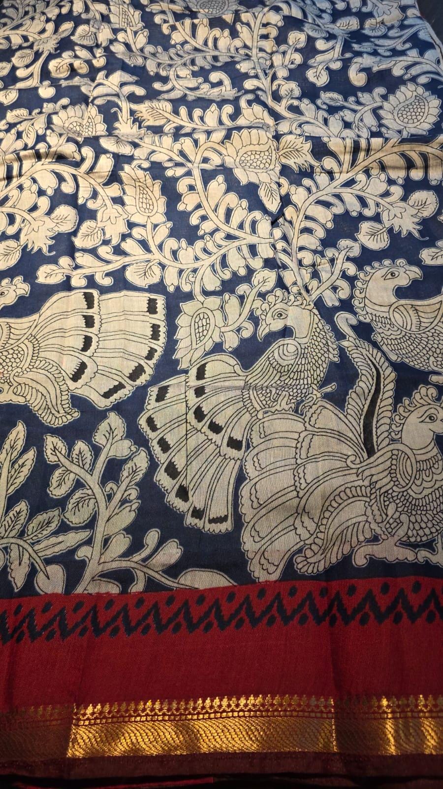 Kalamkari Inspired Cotton Saree with Zari Border, Running Blouse Piece