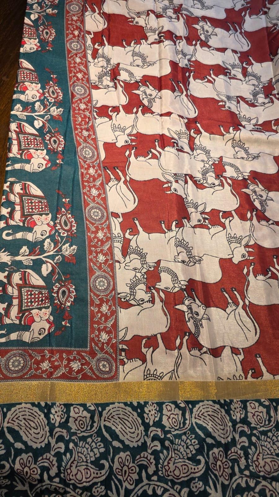 Kalamkari Inspired Cotton Saree with Zari Border, Running Blouse Piece