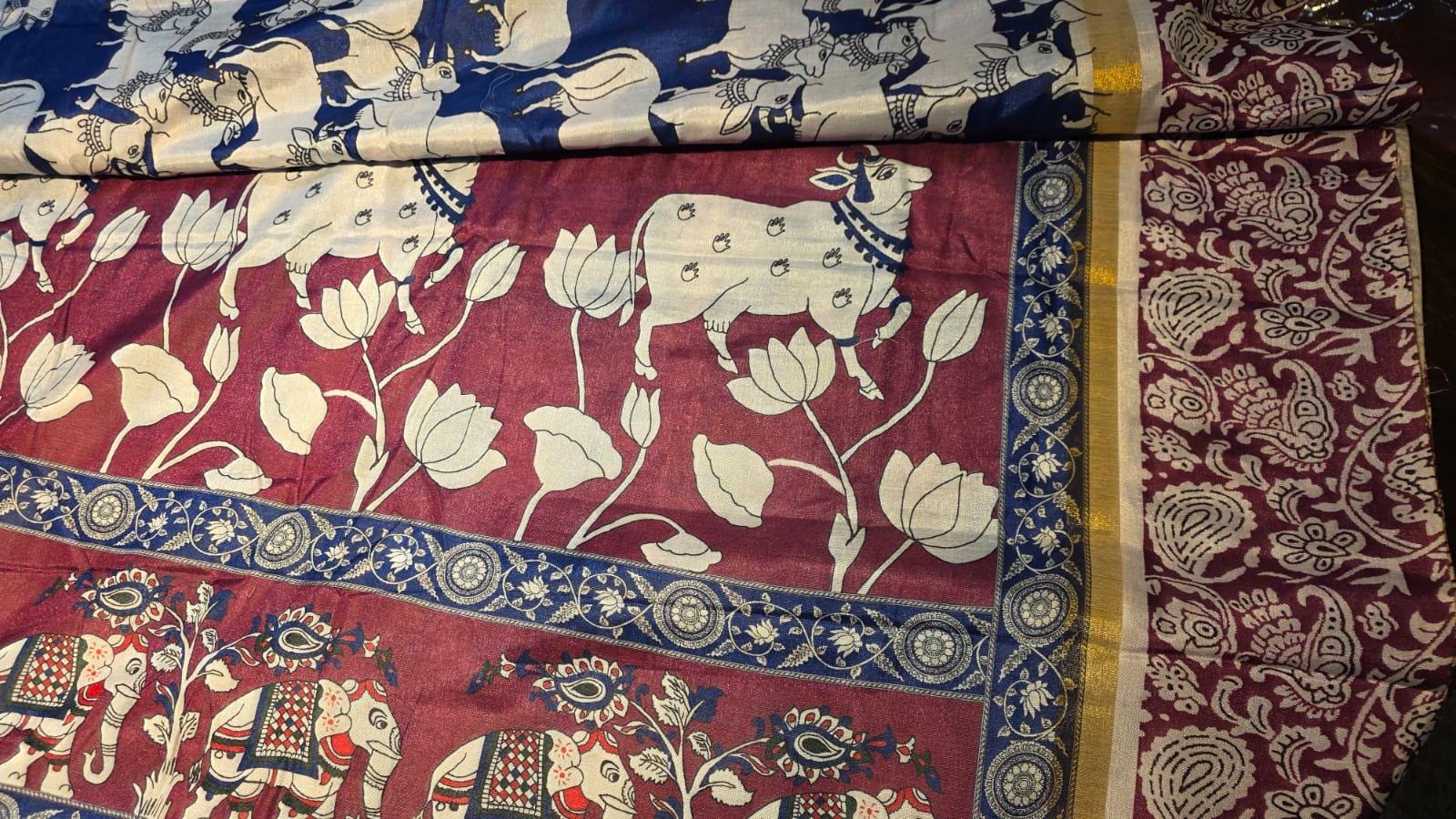 Kalamkari Inspired Cotton Saree with Zari Border and Tassels – Ethnic Indian Wear