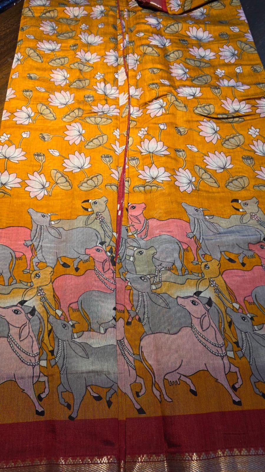 Pichwai Kalamkari Cotton Saree with Zari Border, Running Blouse Piece