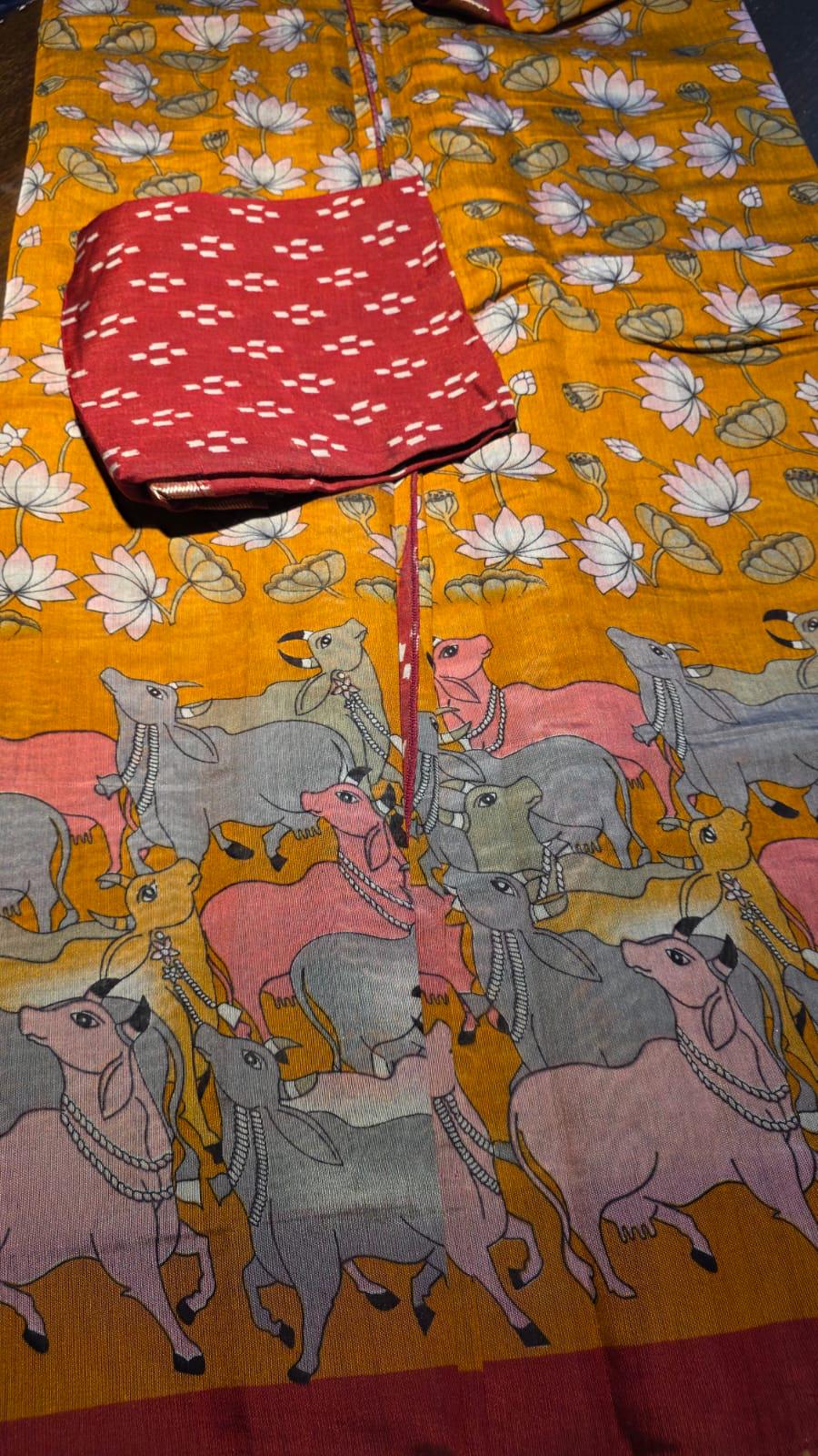 Pichwai Kalamkari Cotton Saree with Zari Border, Running Blouse Piece