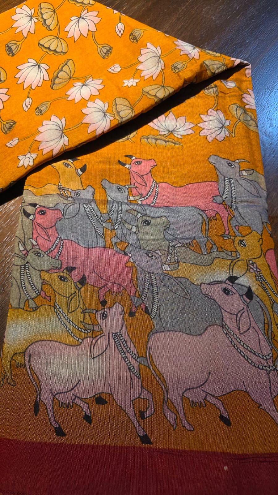 Pichwai Kalamkari Cotton Saree with Zari Border, Running Blouse Piece