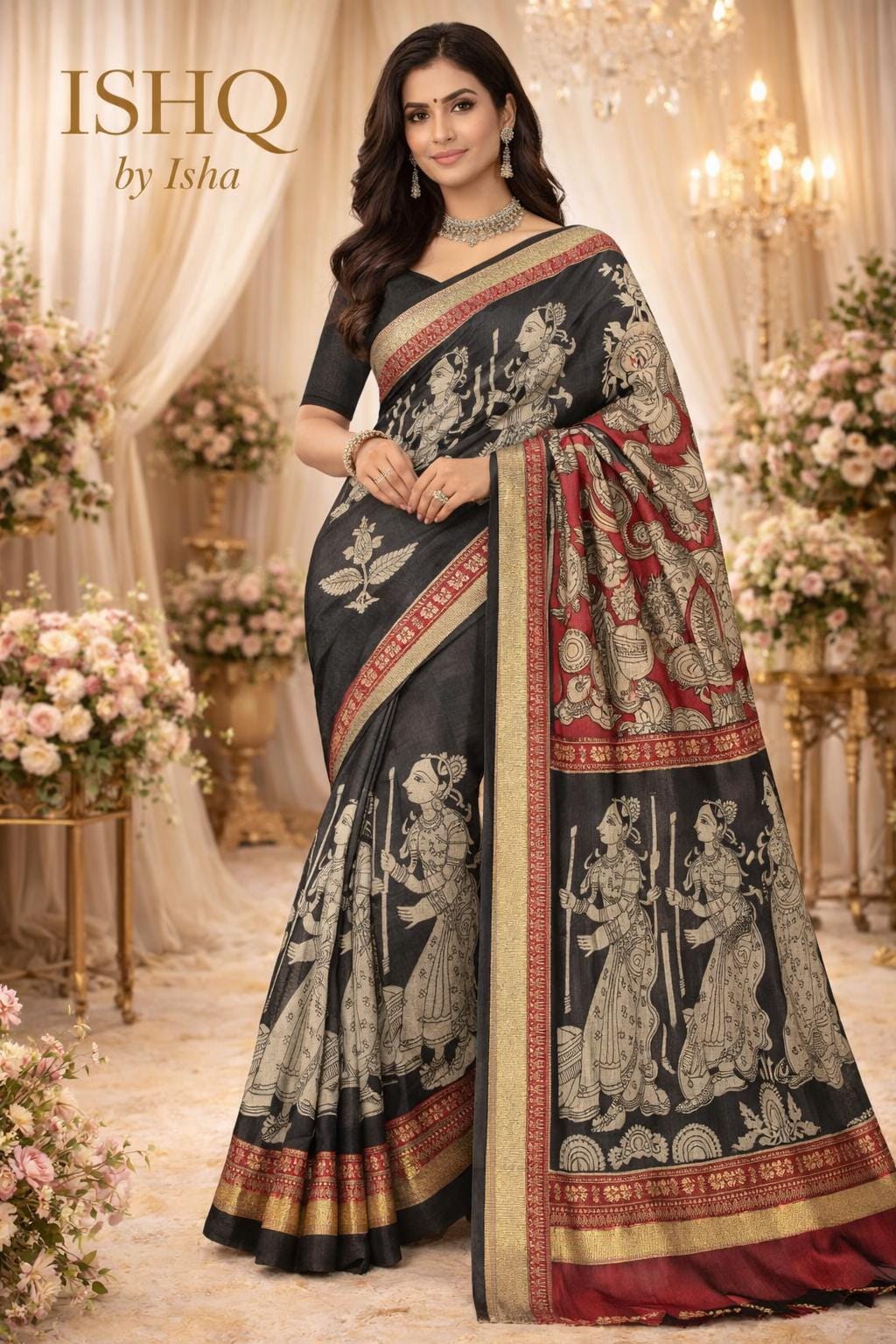 Kalamkari Inspired Cotton Saree with Zari Border, Ethnic Indian Saree, Running Blouse