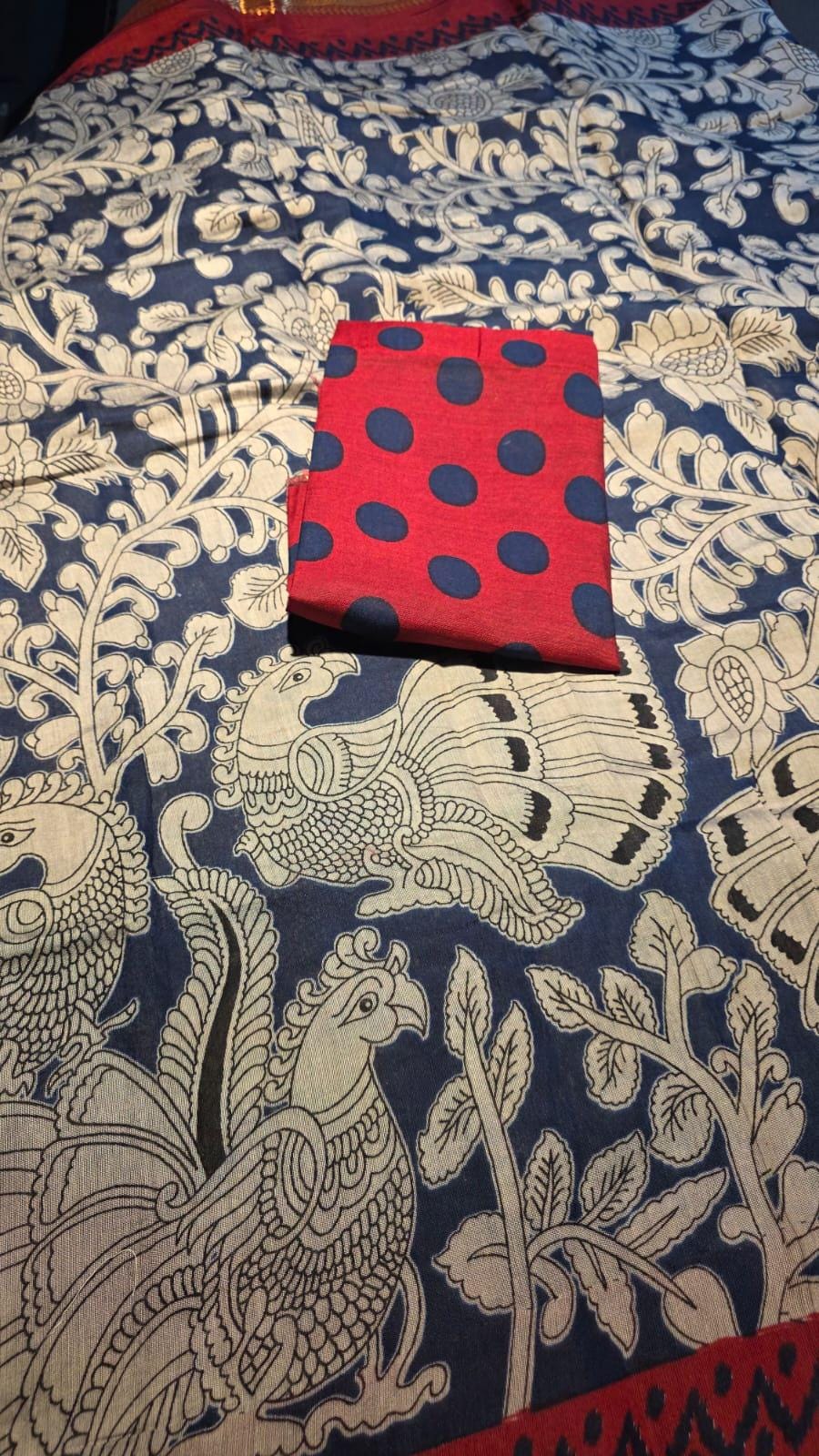 Kalamkari Inspired Cotton Saree with Zari Border, Running Blouse Piece