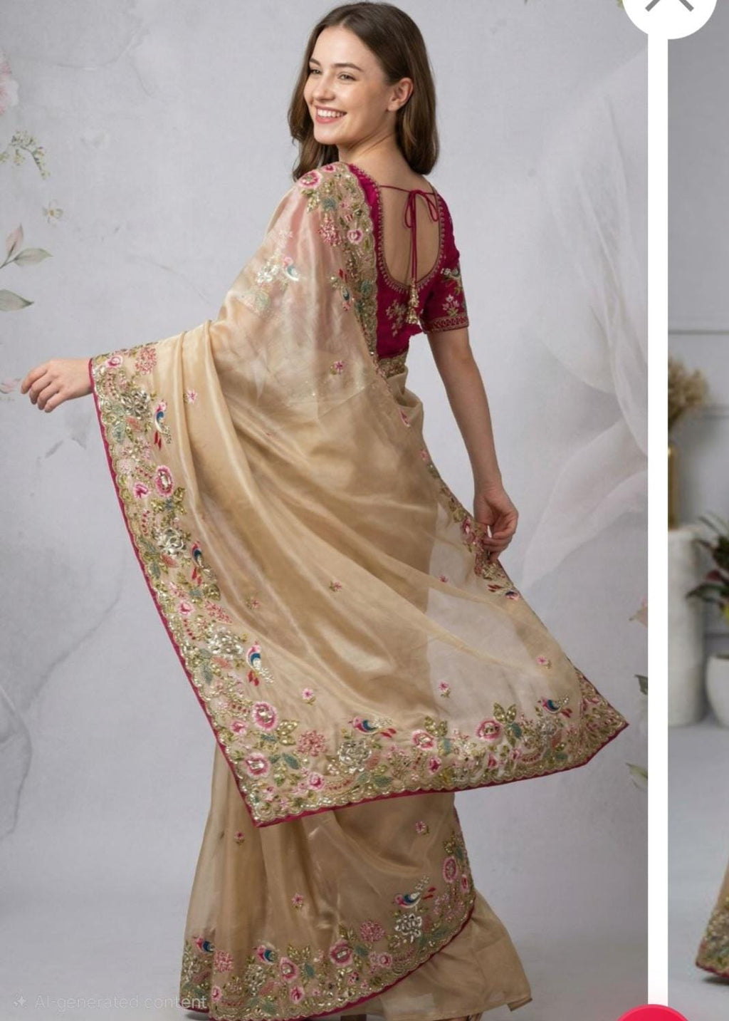 Beige Saree with Thread and Sequence Work, Ready-Made Blouse