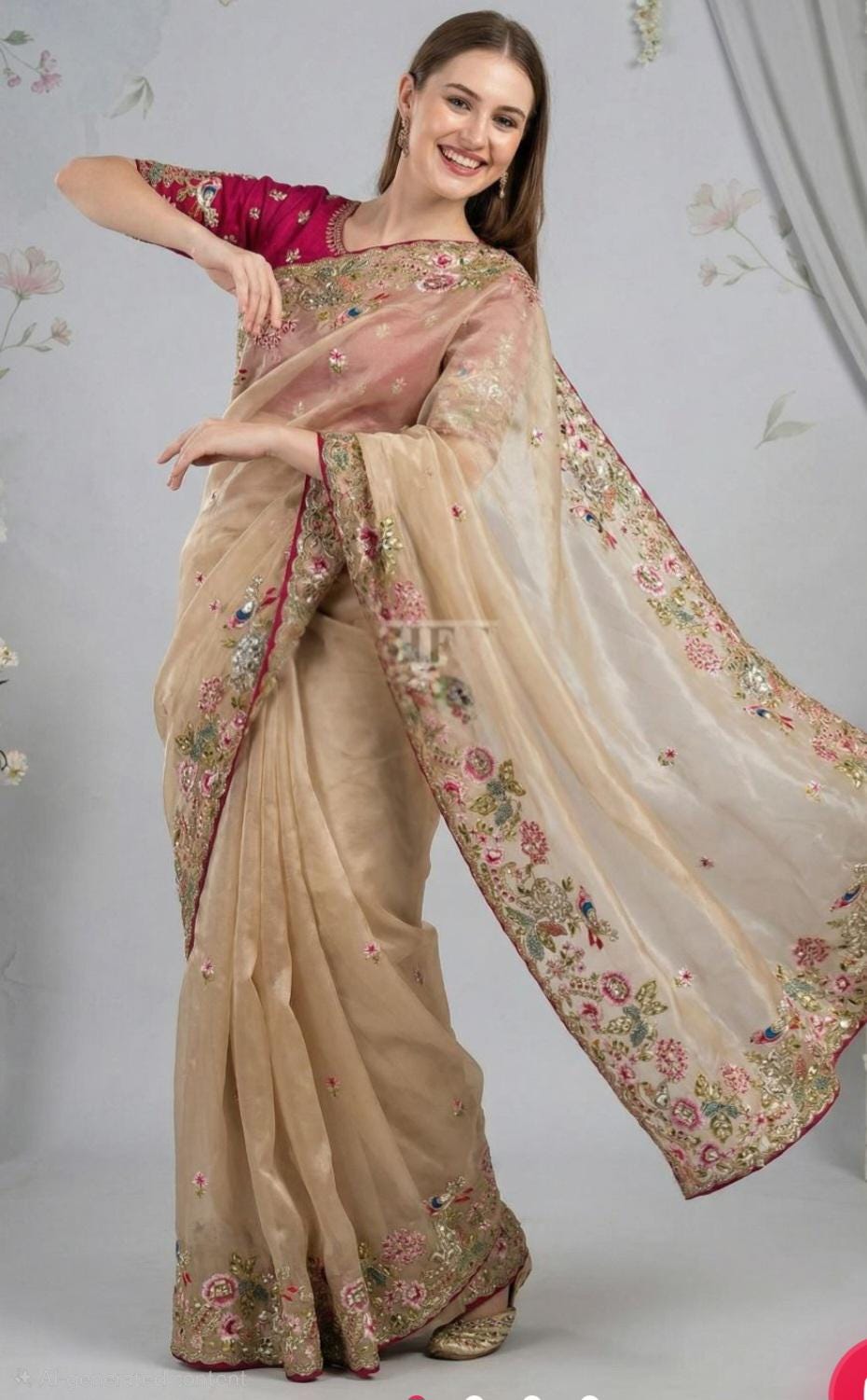 Beige Saree with Thread and Sequence Work, Ready-Made Blouse