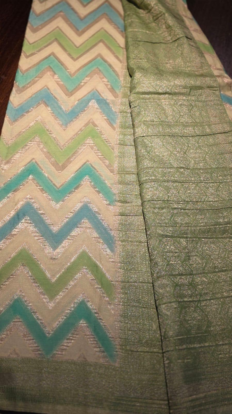 Handmade Khadi Georgette Banarasi Silk Saree - Green blue