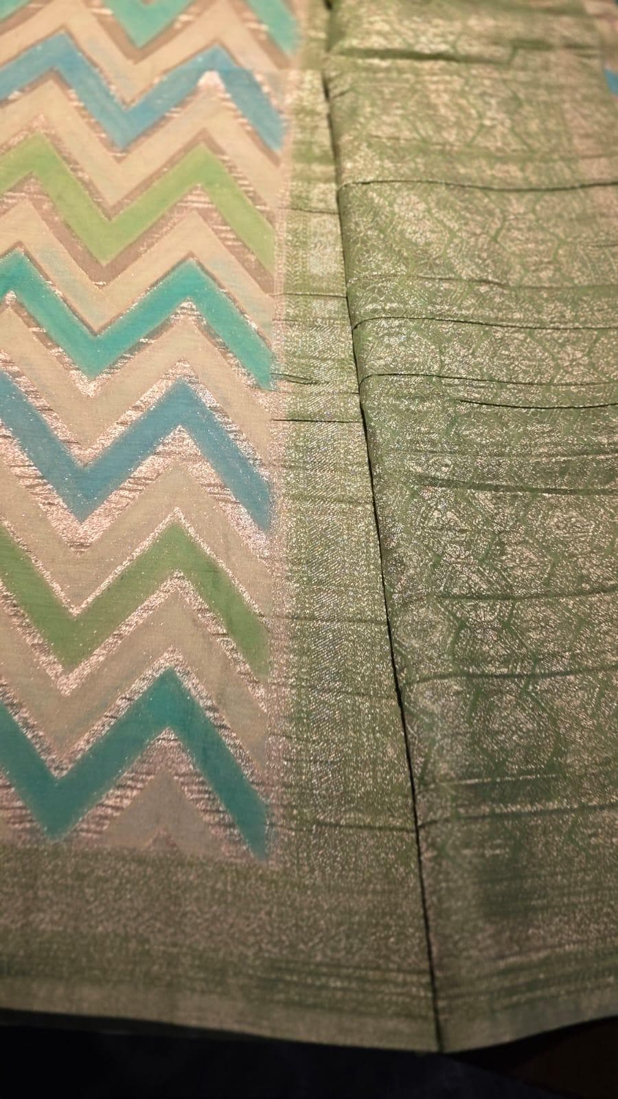 Handmade Khadi Georgette Banarasi Silk Saree - Green blue