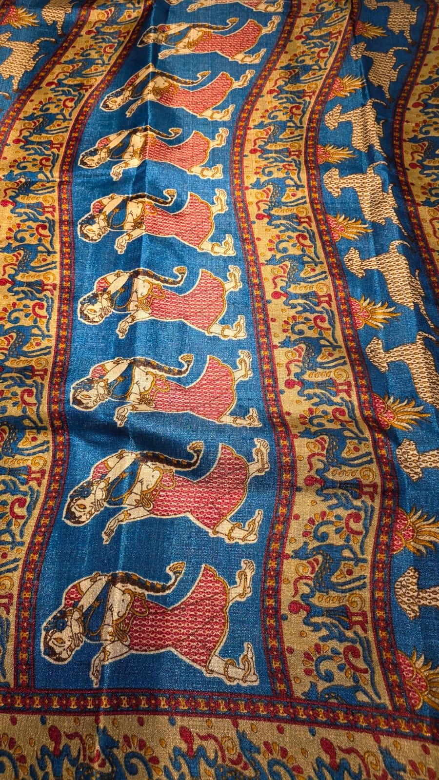 Kalamkari Inspired Dola Silk Saree with Zari Border, Running Blouse Piece