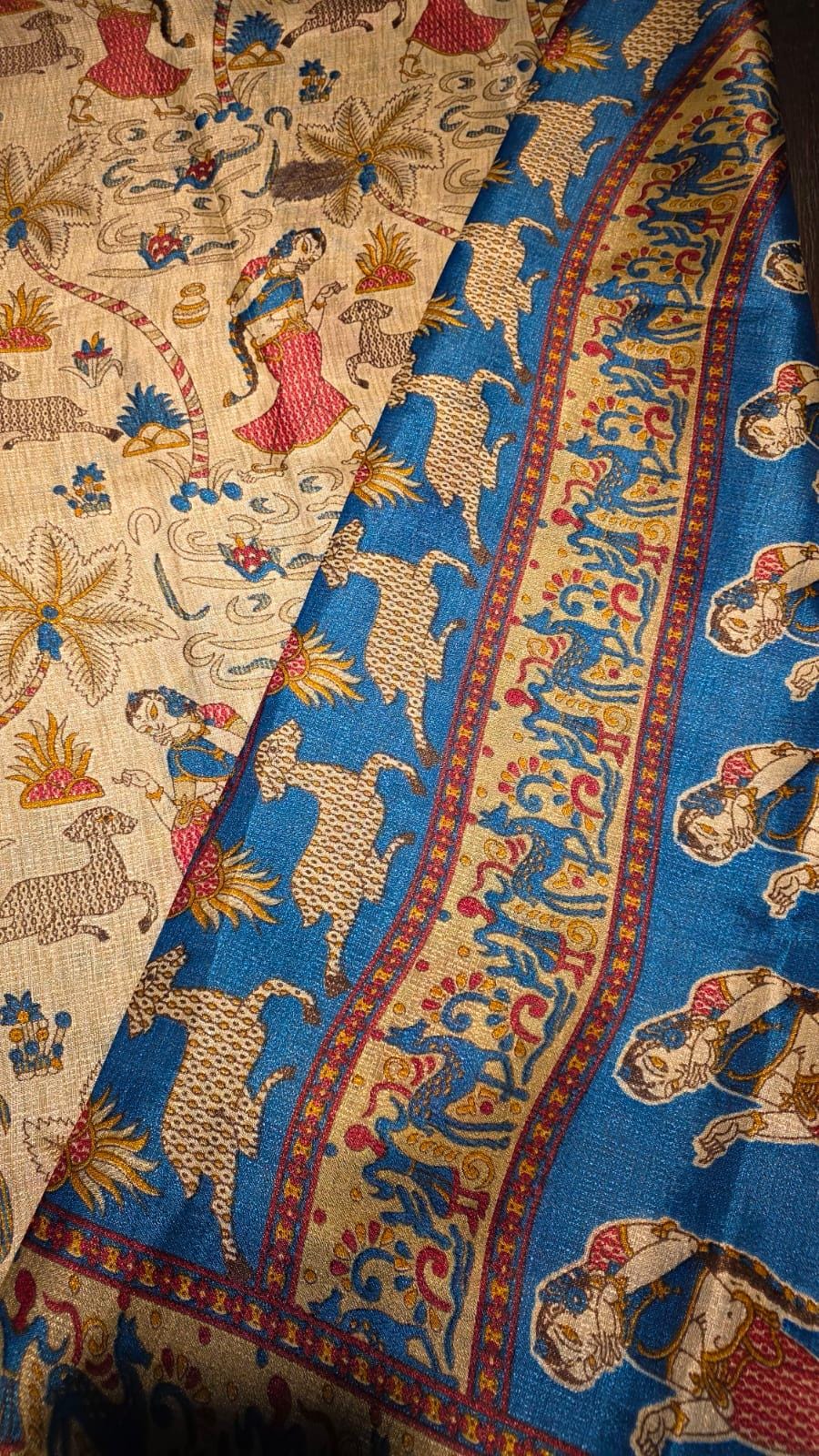 Kalamkari Inspired Dola Silk Saree with Zari Border, Running Blouse Piece
