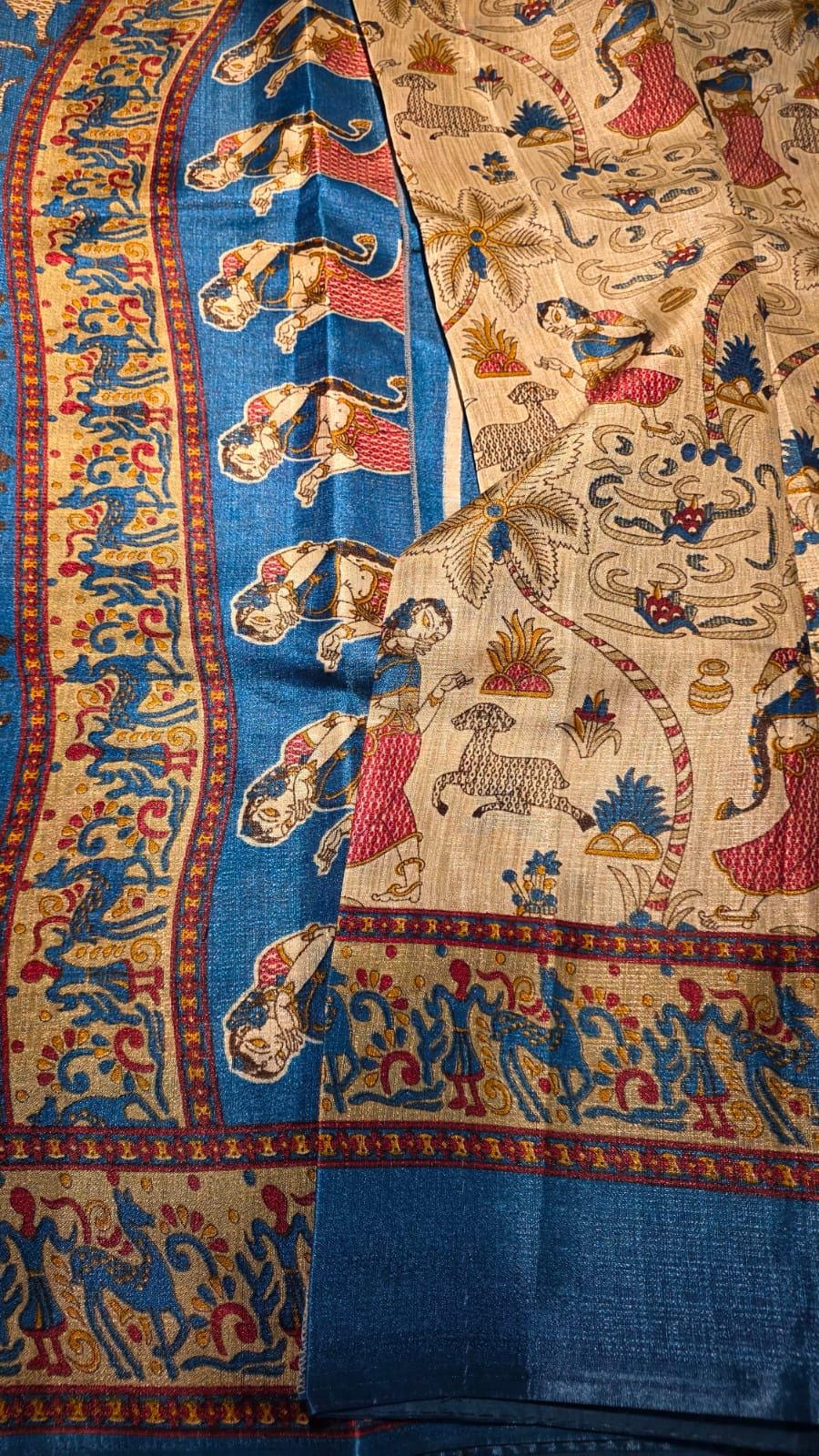 Kalamkari Inspired Dola Silk Saree with Zari Border, Running Blouse Piece