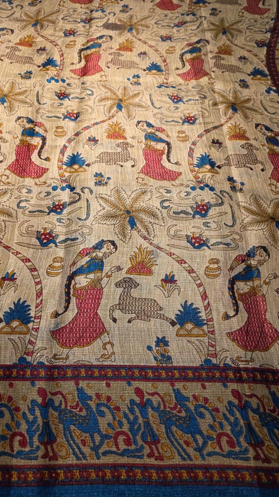 Kalamkari Inspired Dola Silk Saree with Zari Border, Running Blouse Piece