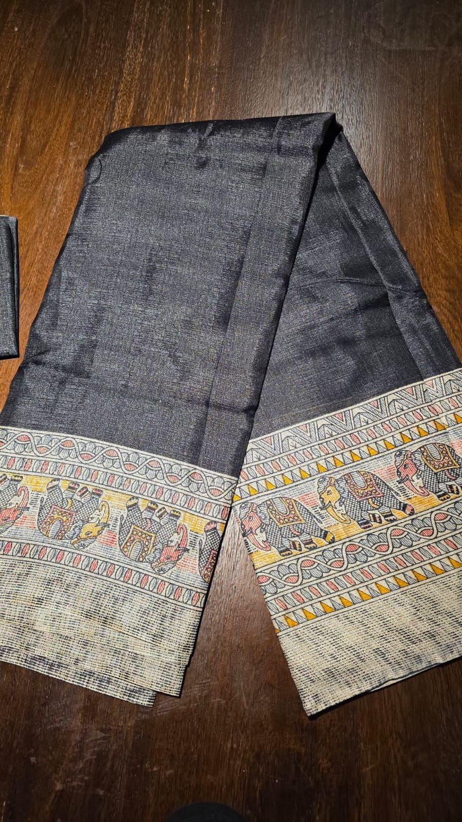 Black Madhubani Elephant Saree | Handcrafted Indian Traditional Art Saree