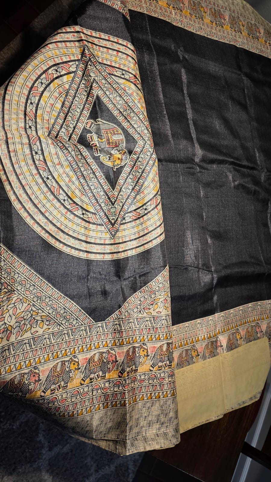Black Madhubani Elephant Saree | Handcrafted Indian Traditional Art Saree