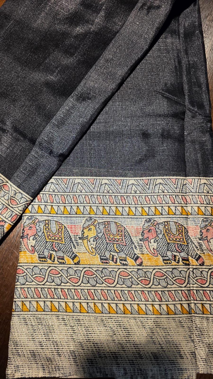 Black Madhubani Elephant Saree | Handcrafted Indian Traditional Art Saree