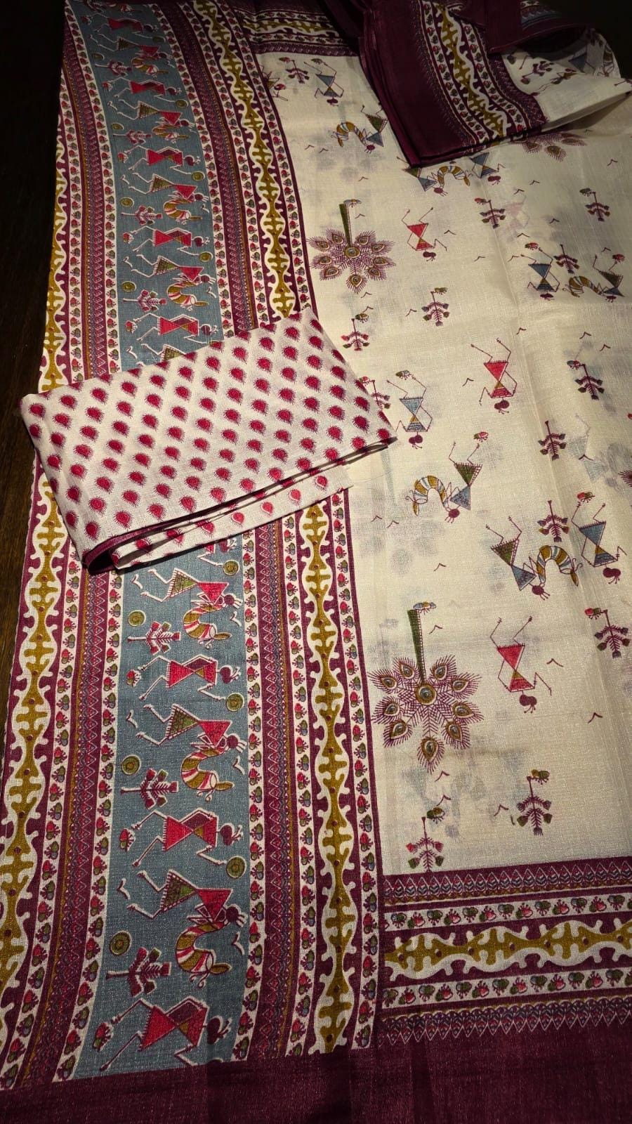 Off-White Warli Art Saree | Tribal Folk Indian Festival Wear