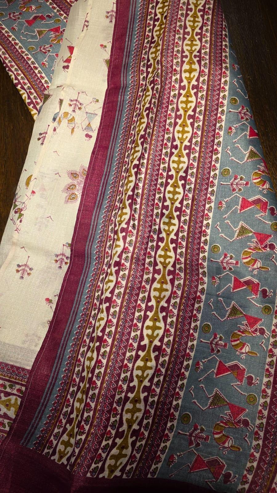 Off-White Warli Art Saree | Tribal Folk Indian Festival Wear