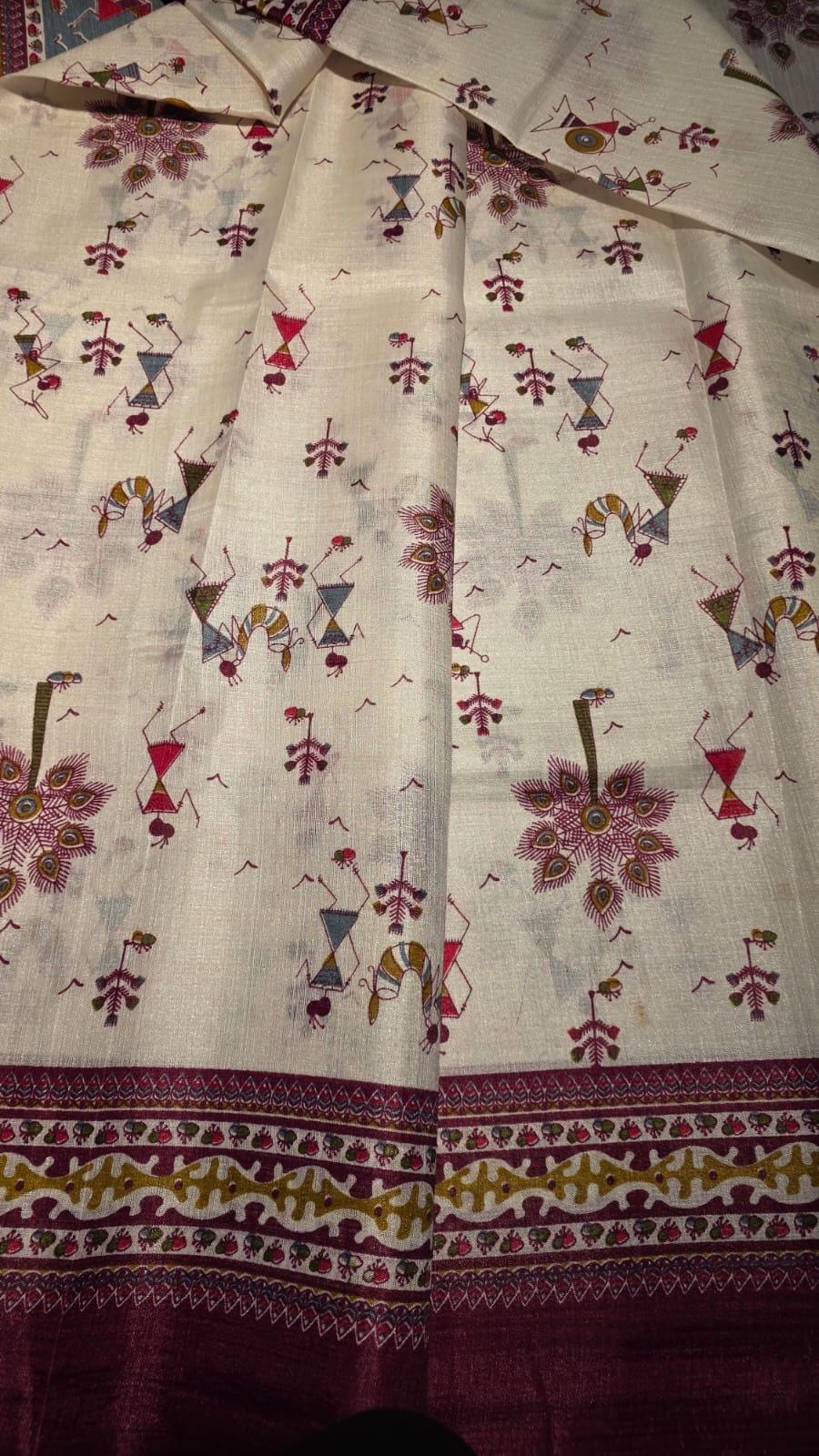 Off-White Warli Art Saree | Tribal Folk Indian Festival Wear