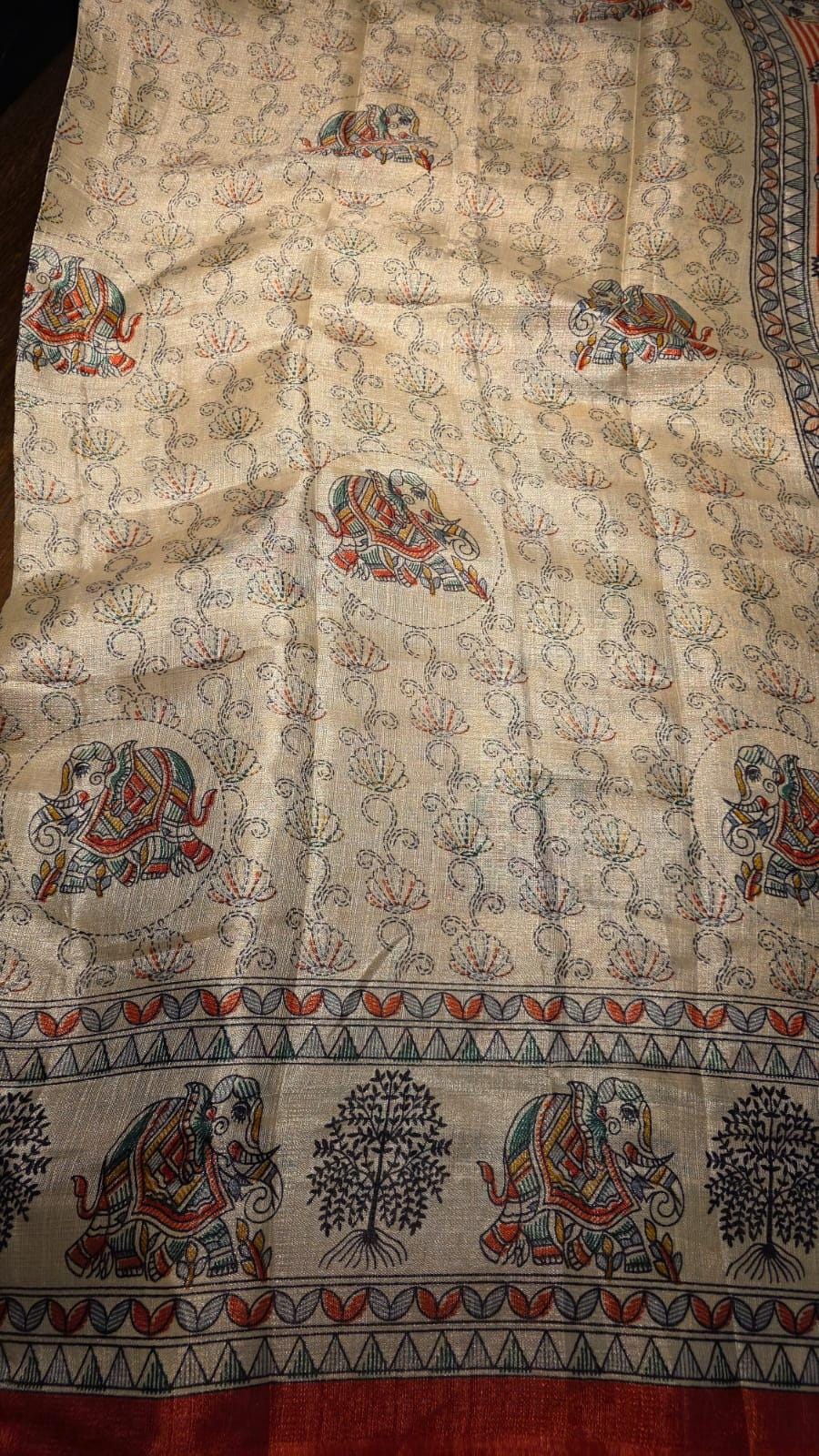 Handblock Printed Silk Saree | Elephant Motifs, Madhubani Inspired, Beige Rust Orange