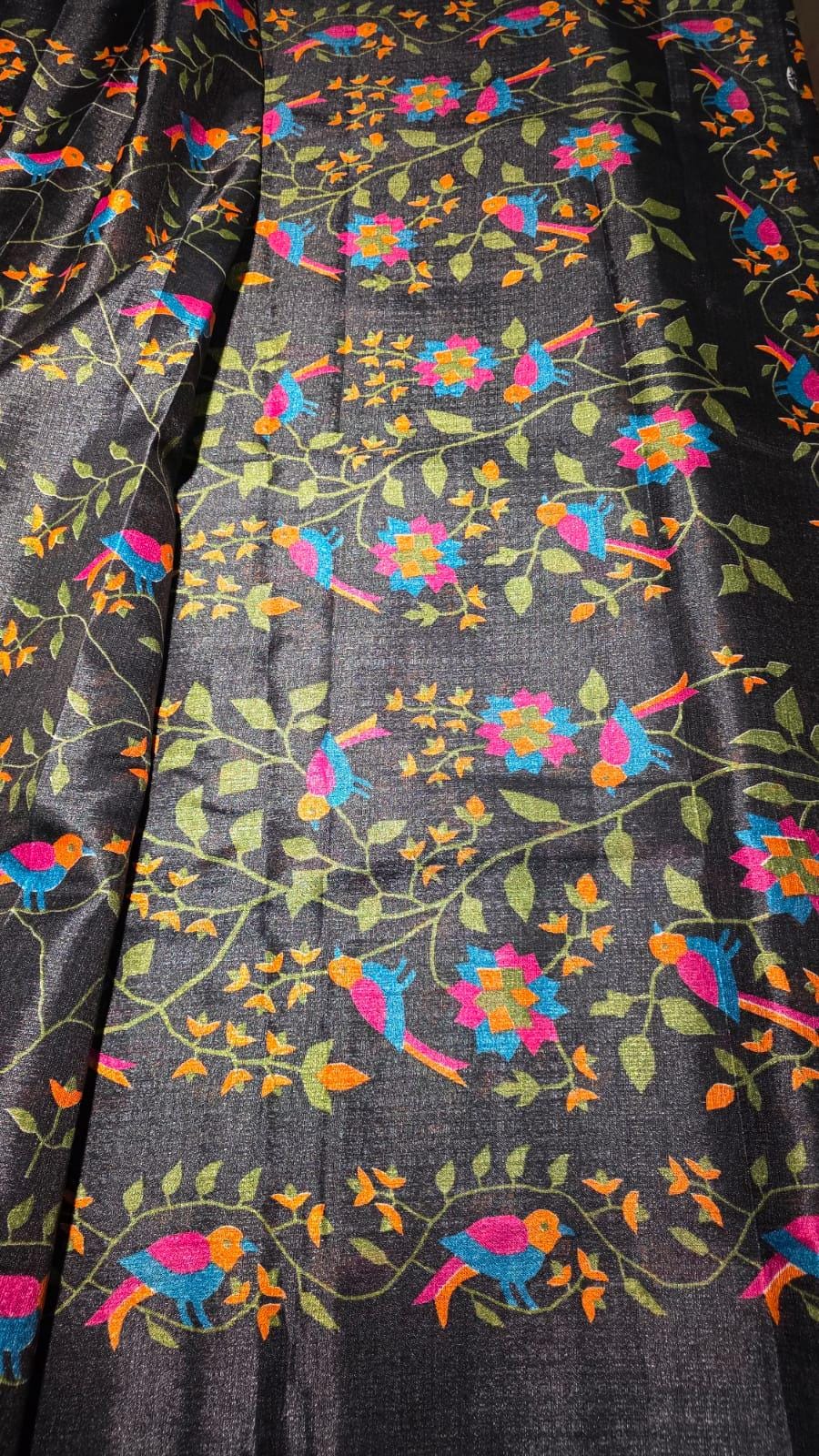 Black Viscose Saree | Colorful Bird Floral Vine Print, Indian Handloom (Blouse Piece Included)