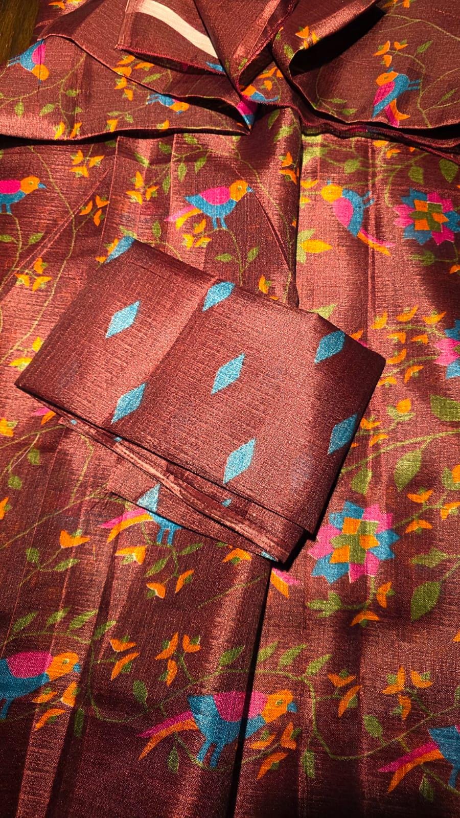 Purple Bird Print Viscose Saree | Colorful Floral Vine Indian Handloom (Includes Blouse Piece)