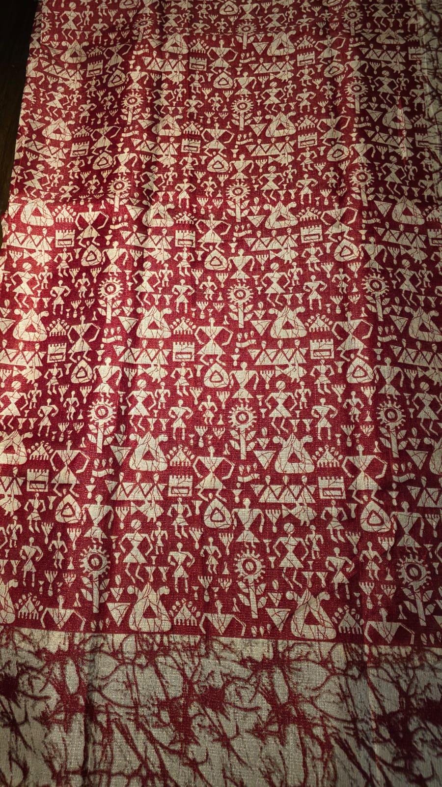 Red Warli Print Silk Saree | Tribal Art Festive Indian Ethnic Wear