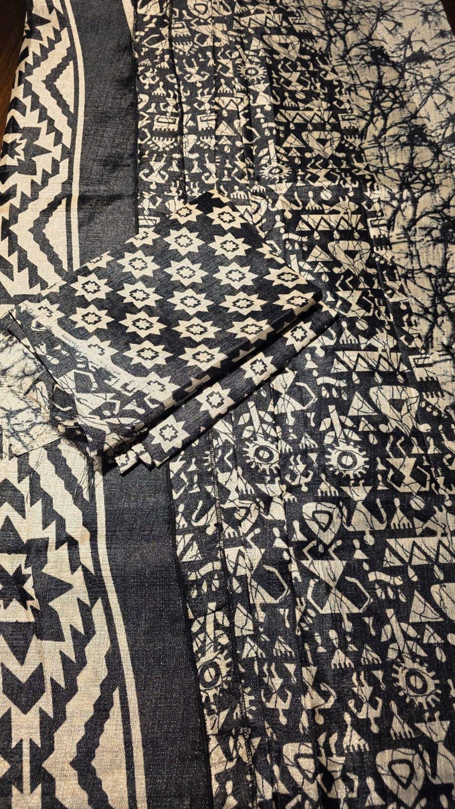 Black Warli Print Silk Blend Saree | Tribal Art Festive Wear, Includes Blouse Piece