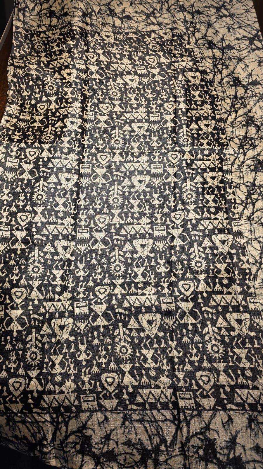 Black Warli Print Silk Blend Saree | Tribal Art Festive Wear, Includes Blouse Piece