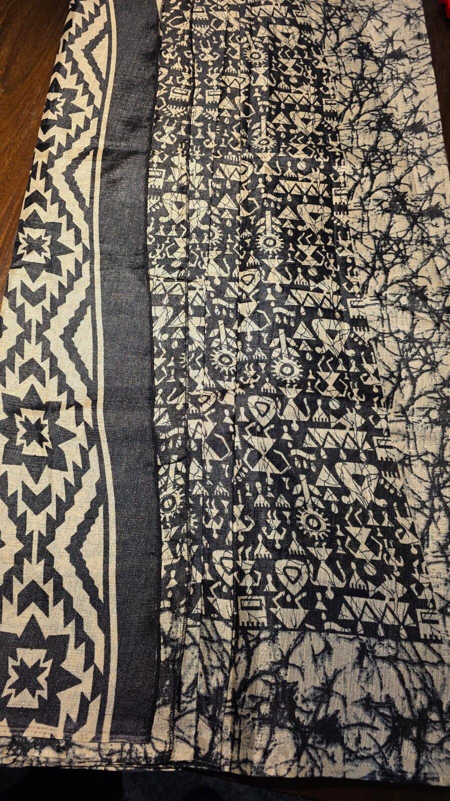 Black Warli Print Silk Blend Saree | Tribal Art Festive Wear, Includes Blouse Piece