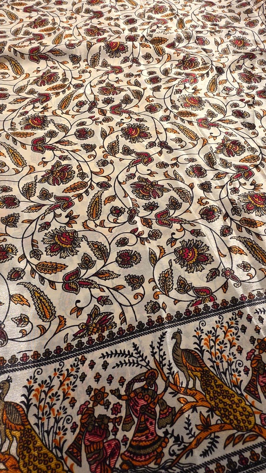 Cream Folk Art Peacock Saree | Kalamkari Style Indian Traditional Print with Blouse Piece