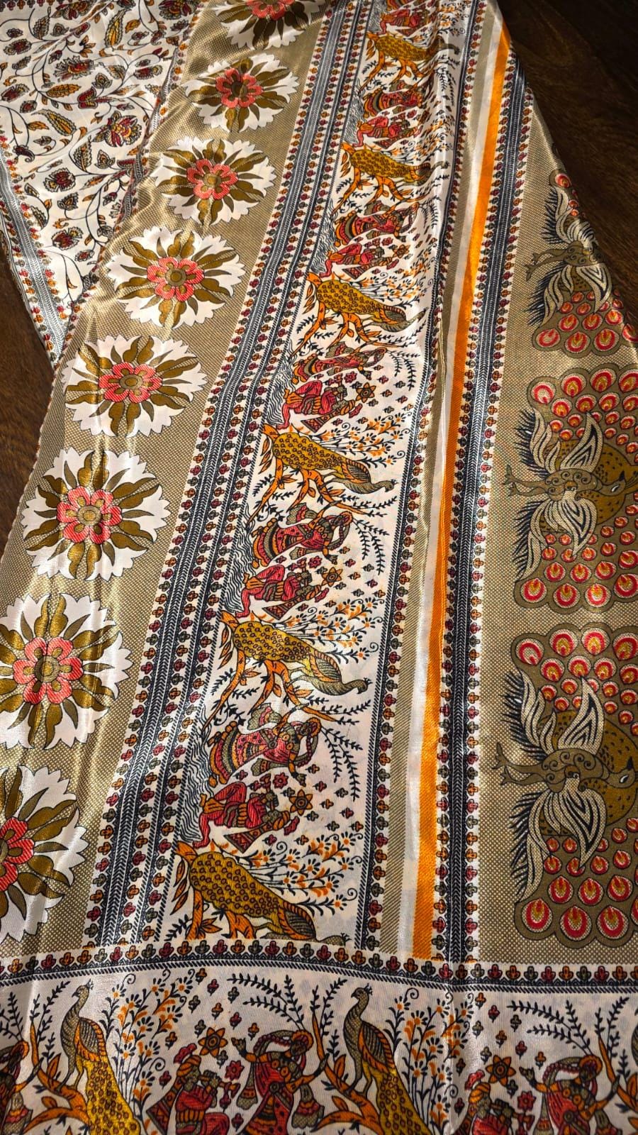 Cream Folk Art Peacock Saree | Kalamkari Style Indian Traditional Print with Blouse Piece