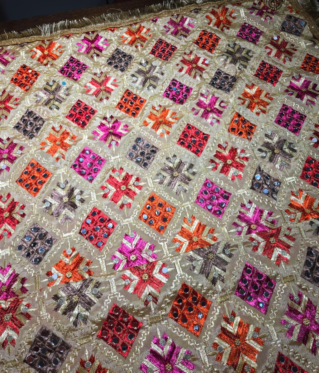 Handmade , Handwoven , Elegant vibrant & Authentic Golden/beige Multicolour Phulkari Dupatta / Indian Scarf. Hand embroidered .