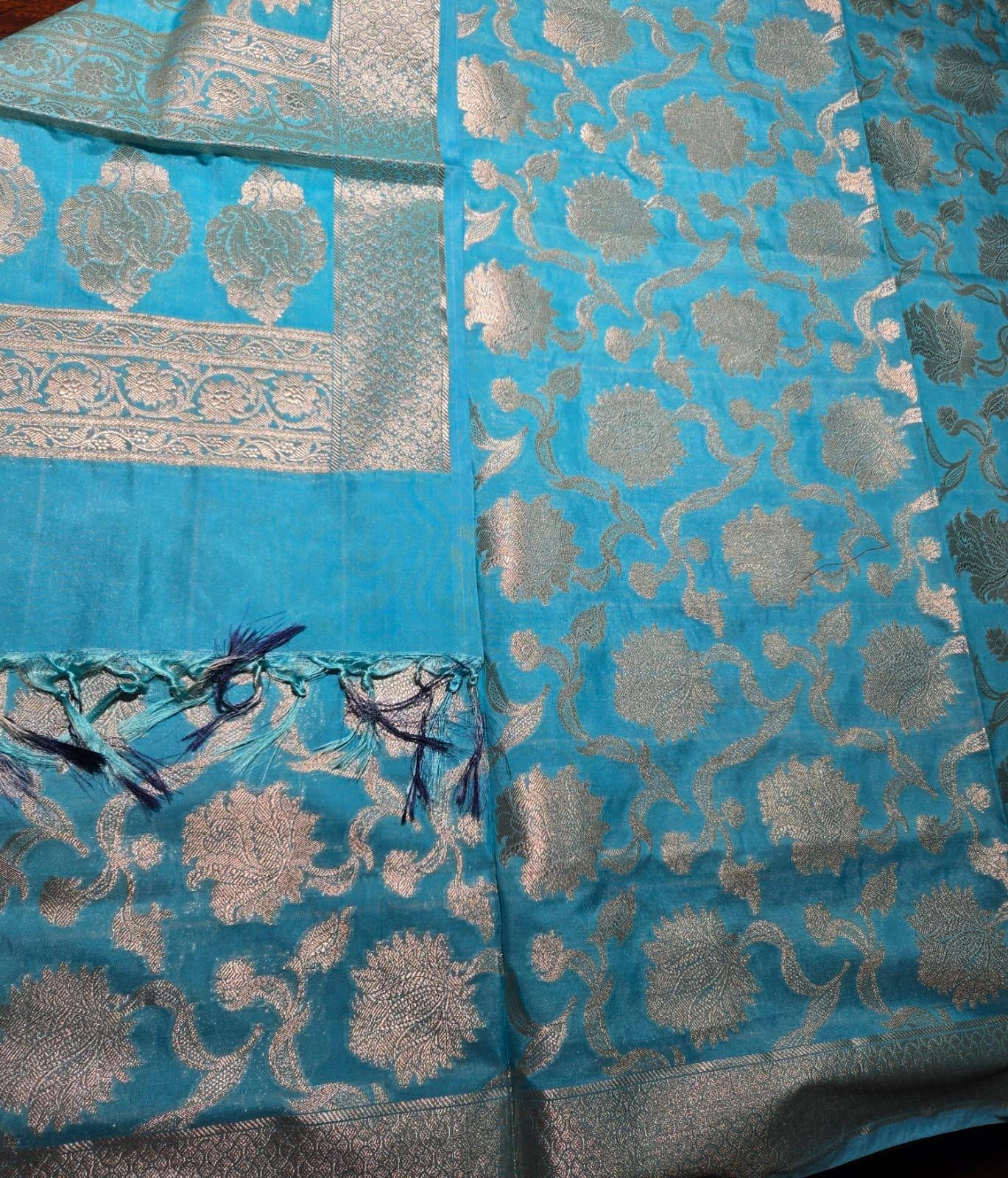 Sky Blue Banarasi Silk Dupatta | Silver Zari Floral Weave, Festive Wear