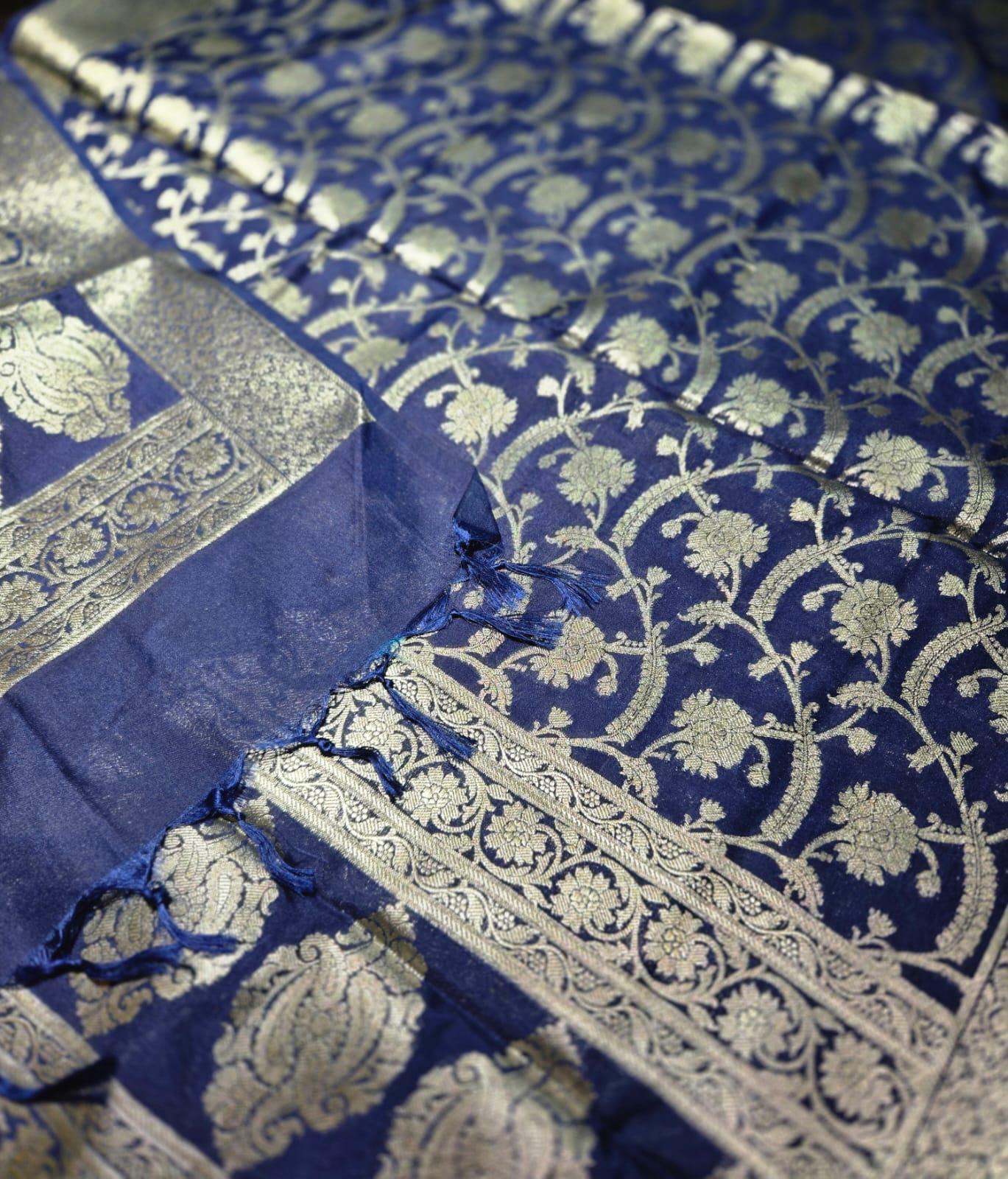 Royal Blue Banarasi Silk Dupatta | Silver Zari Floral Weave, Indian Ethnic Wear